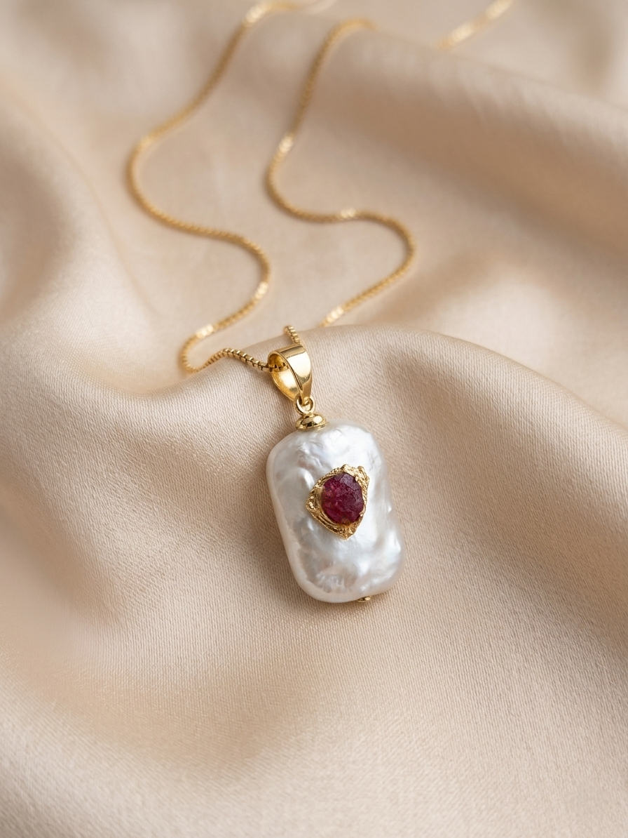 Baroque Pearl Ruby Kintsugi Pendant